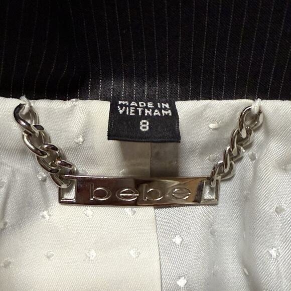 VTG 90s Bebe Pinstripe Short Sleeve Belted Blazer Black White Linen Blend Size 8 - Picture 13 of 16